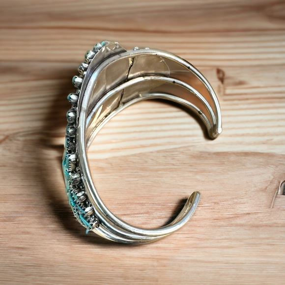 Genuine Sleeping Beauty Turquoise Sterling Silver Cuff Bracelet- Signed Cuff - Picture 3 of 16